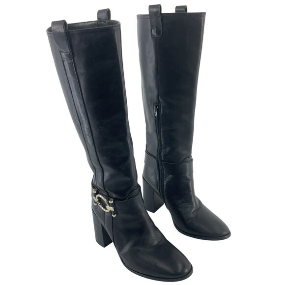 Napoleoni Italy Black Leather Knee-High Heeled Boots Women’s Size 6 Pre-Owned - Picture 1 of 6